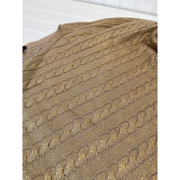 Brook Brothers Tan Metallic Cable Knit Crew Neck Pullover Sweater Womens Sz L - Picture 5 of 6